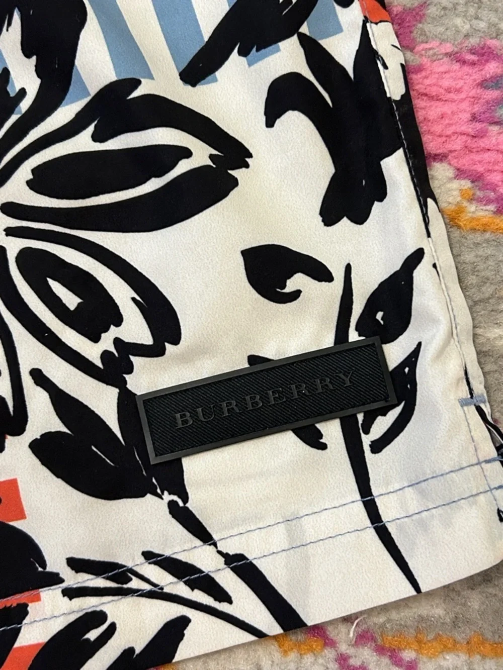 Burberry Floral Plaid Patchwork Printed Multicolor Stripe Swim Trunk Size Medium